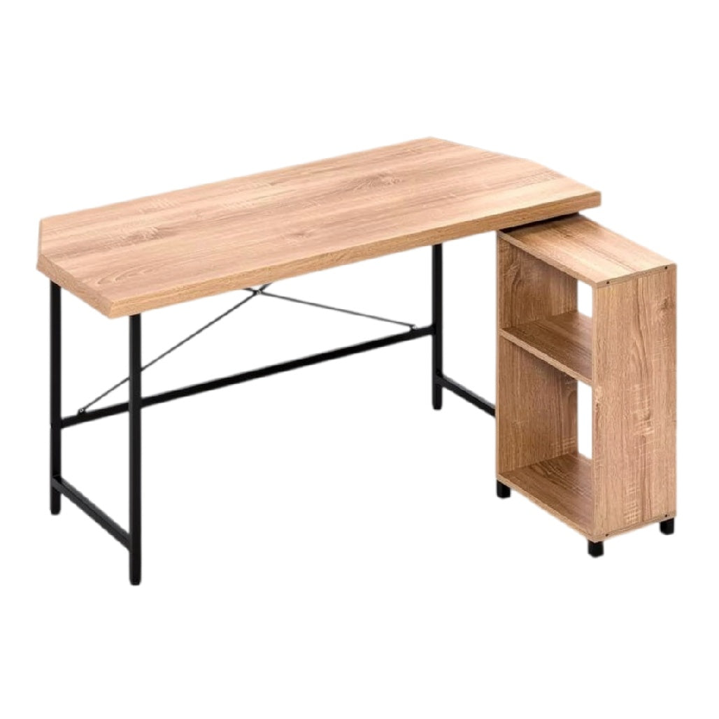 **Mesa de Escritório de Madeira com Estrutura Metálica e Prateleira Lateral**