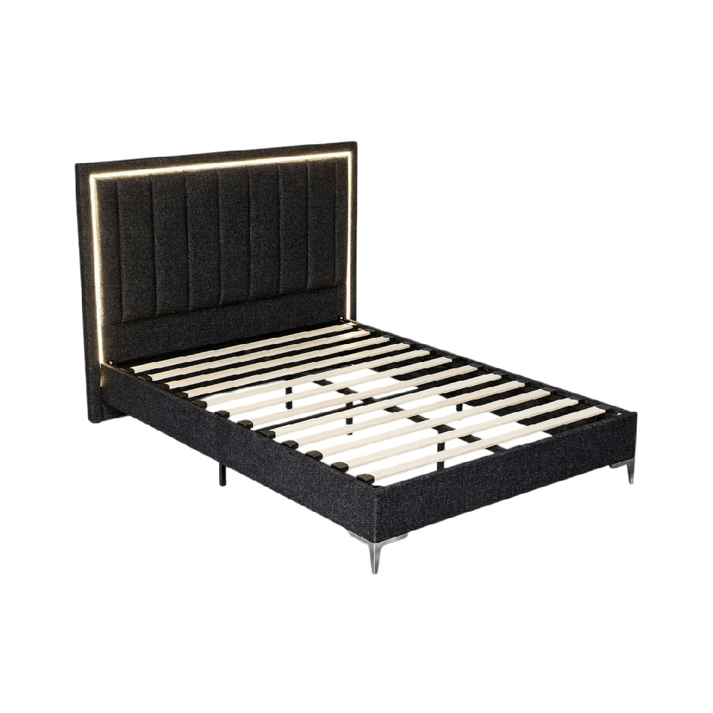 **Cama Box Estofada com Cabeceira Iluminada e Estrutura de Madeira**